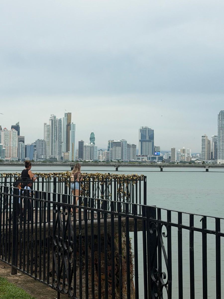 Panama City skyline seen across the bay from the waterfront promenade