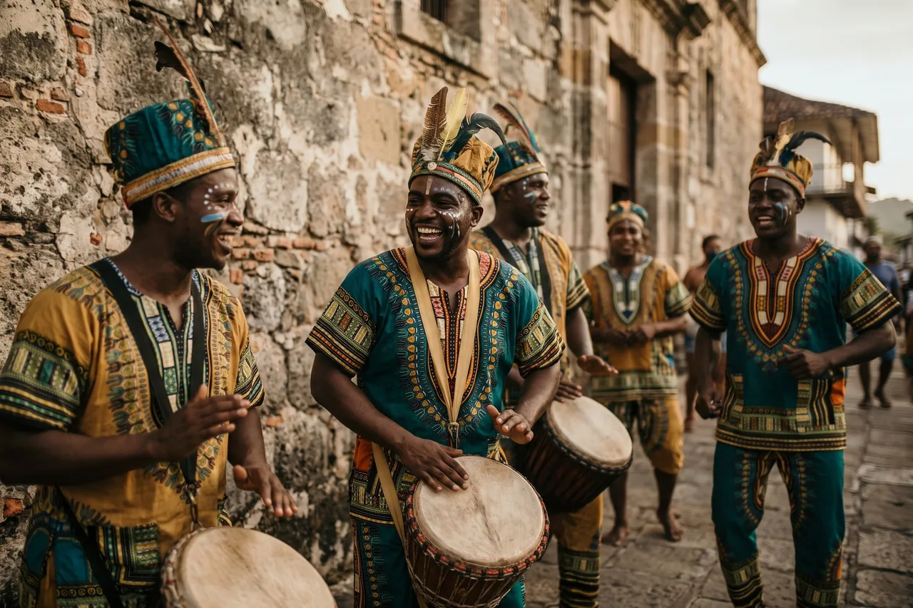 Afro-Panamanian drummers in traditional dress performing beside a colonial stone wall