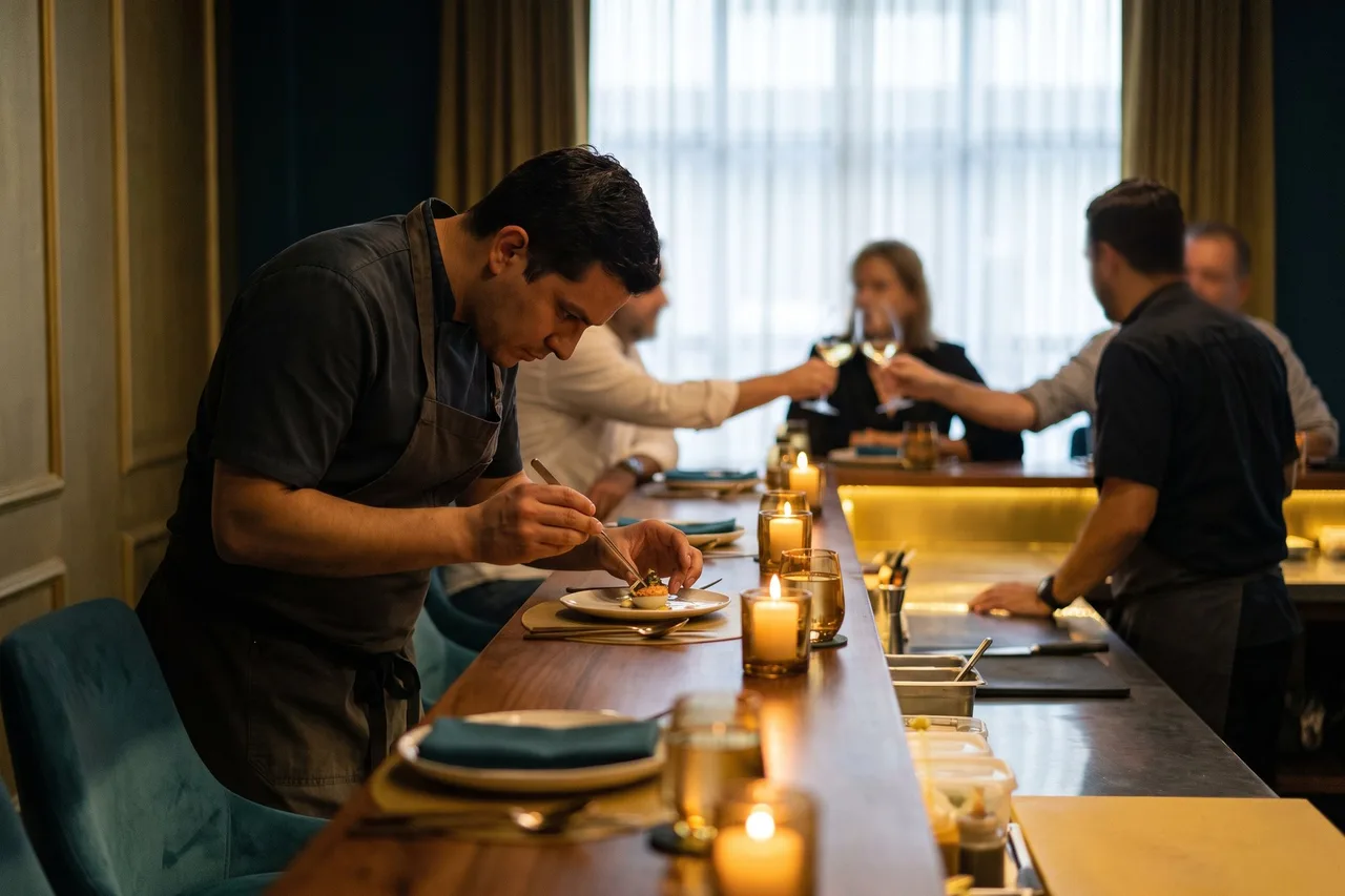 A chef plating a dish with tweezers at a candlelit chef's table