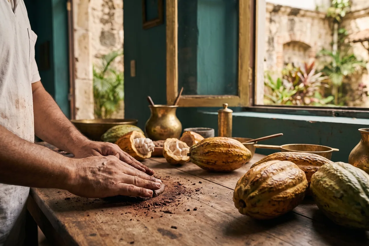 Hands grinding cacao beside fresh cacao pods on a wooden table