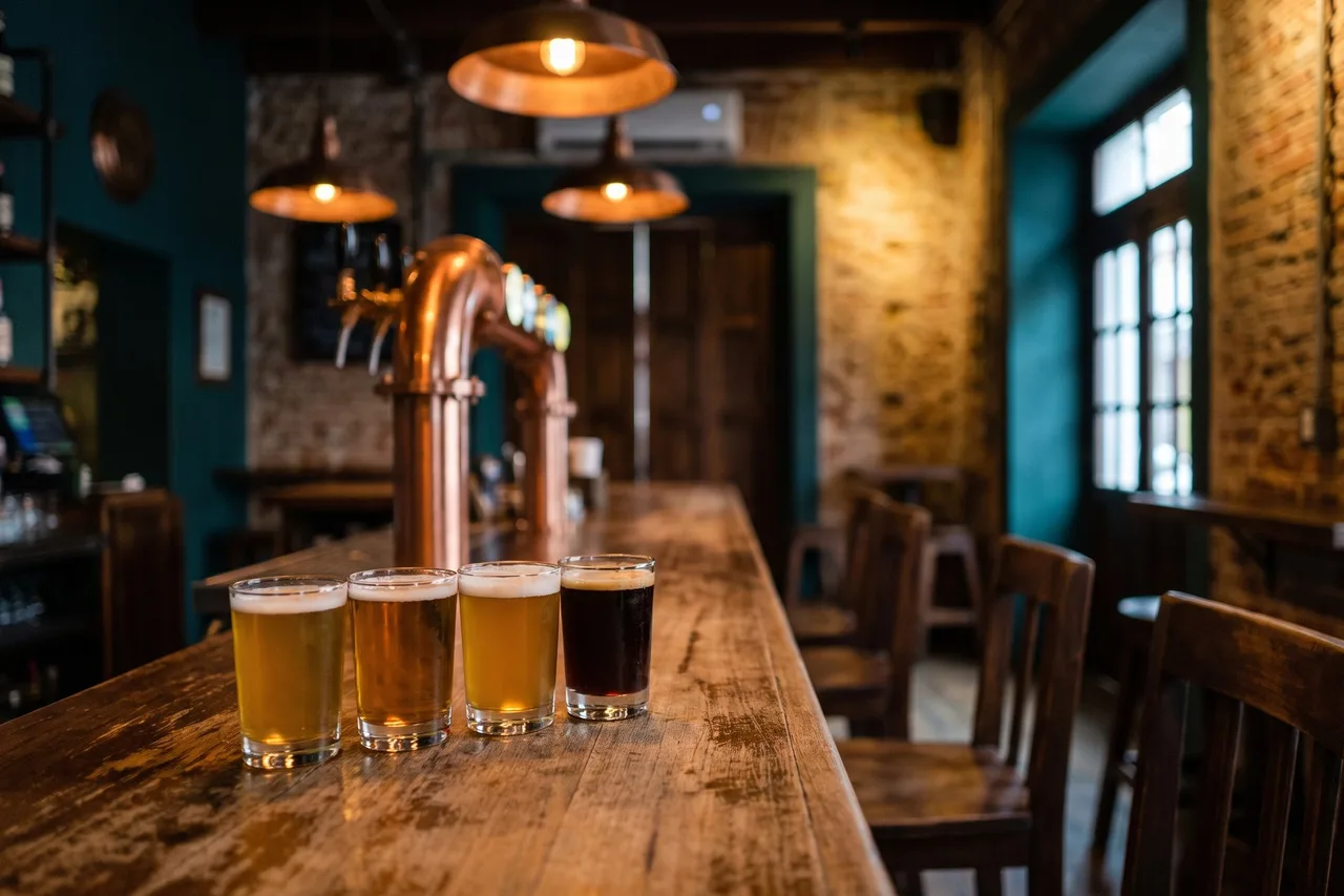 A flight of craft beers on a wooden bar with copper taps