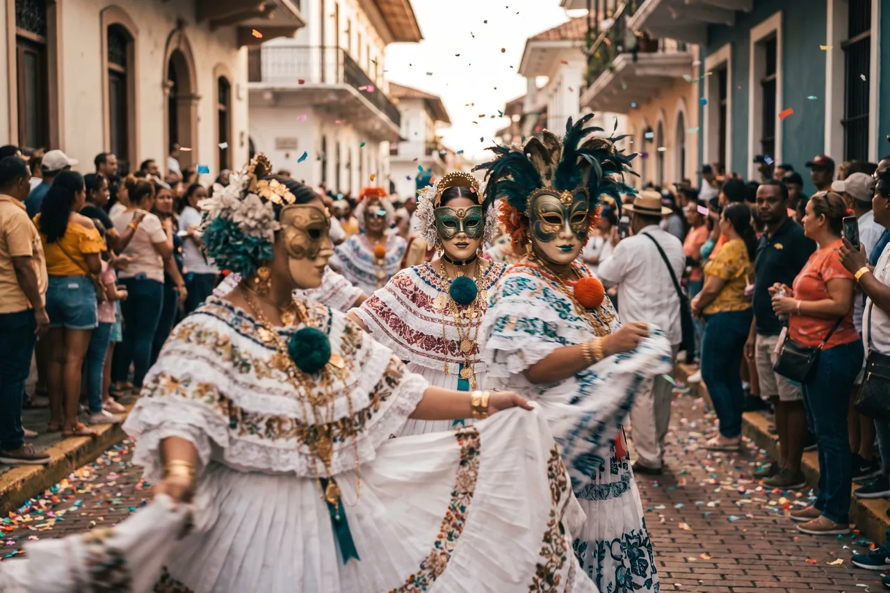 Dancers in embroidered dresses and feathered masks at a street festival