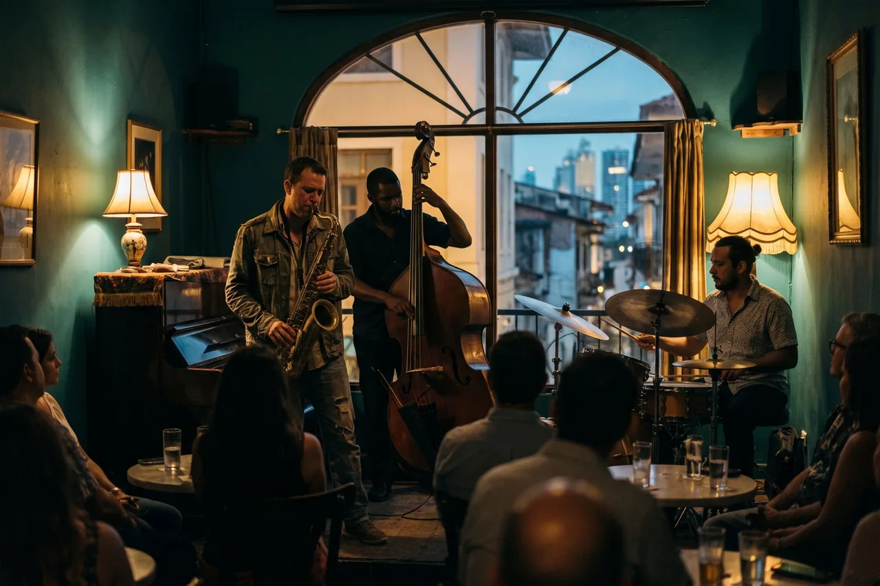 A live jazz band — saxophone, double bass and drums — performing in an intimate club