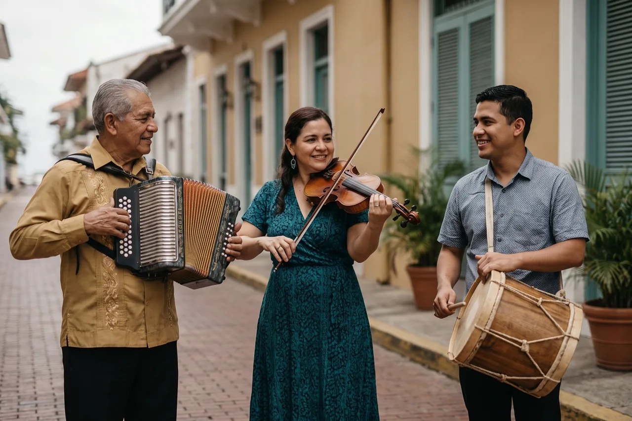 Three street musicians playing accordion, violin and drum