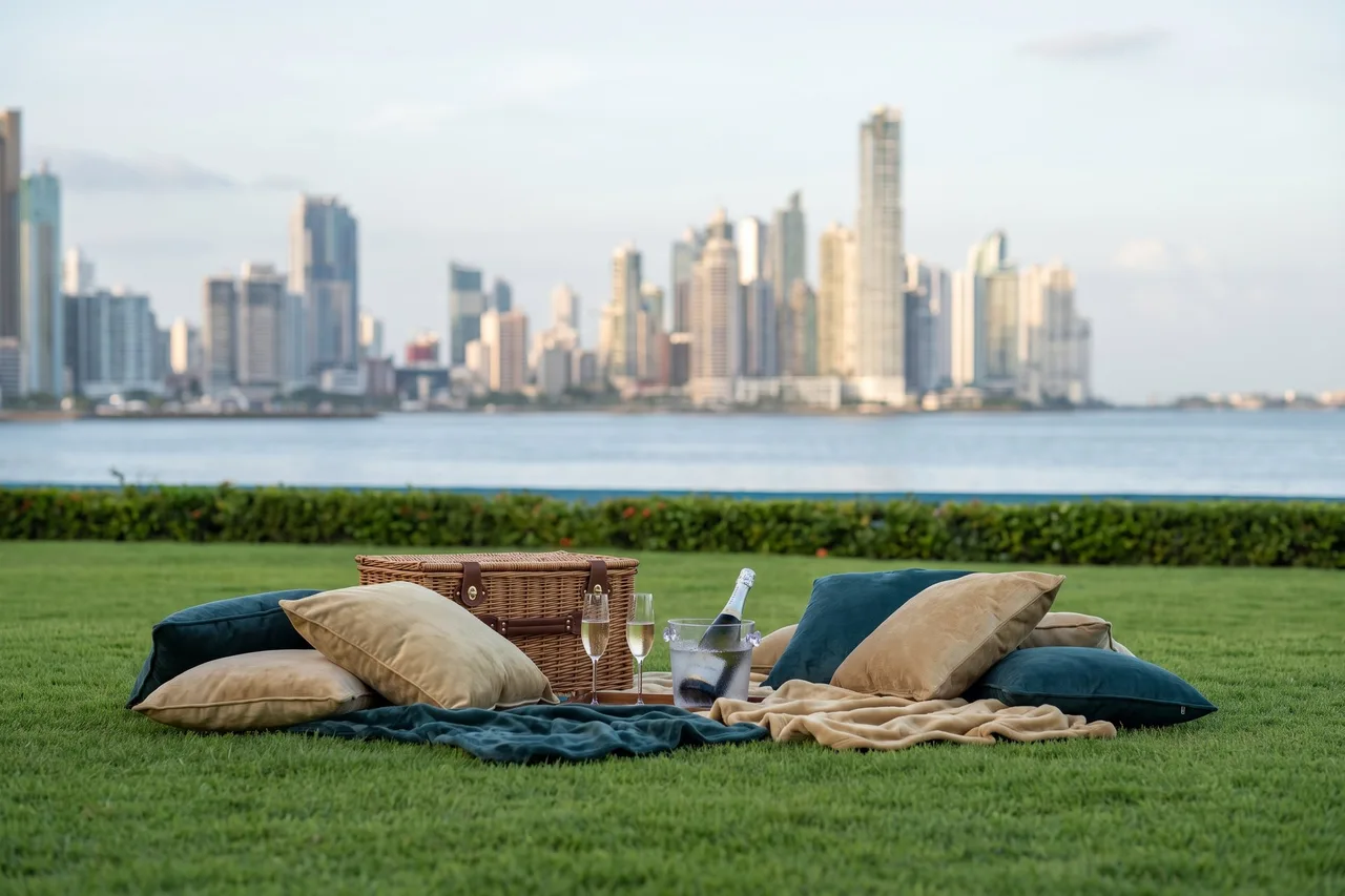 A styled picnic with champagne, cushions and a wicker basket on a lawn by the bay