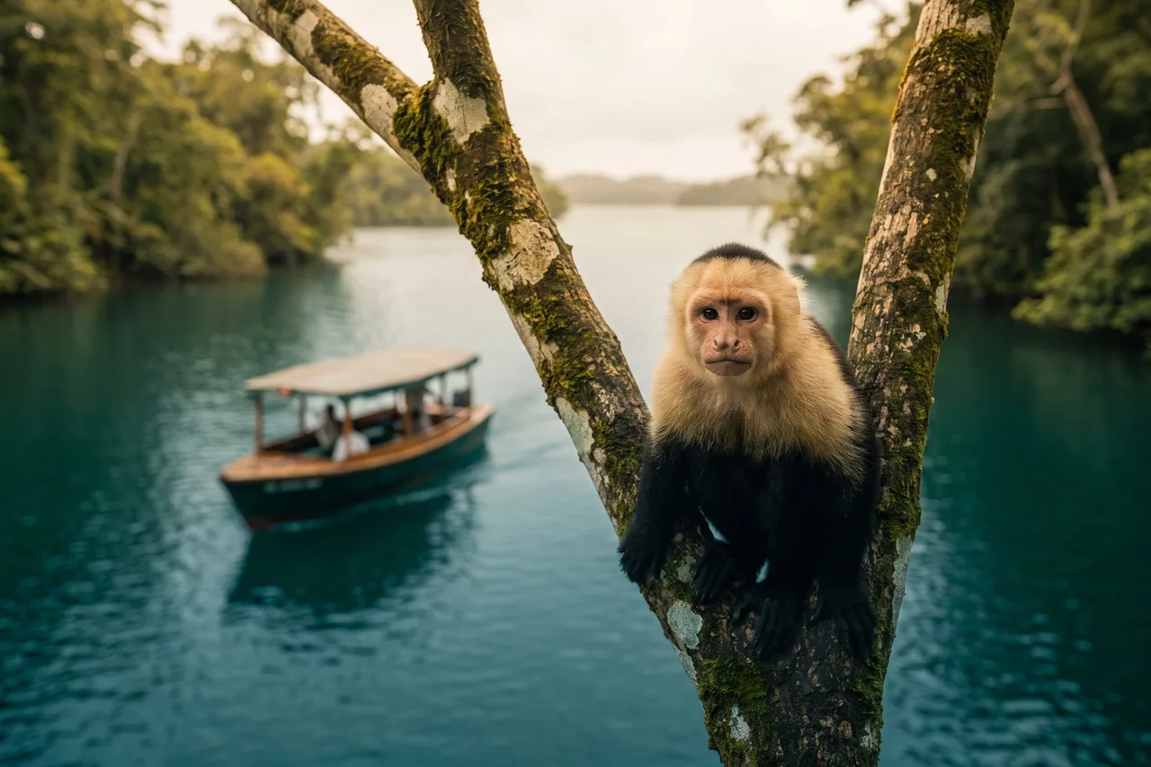 A white-faced capuchin monkey on a branch with a tour boat on the lake behind