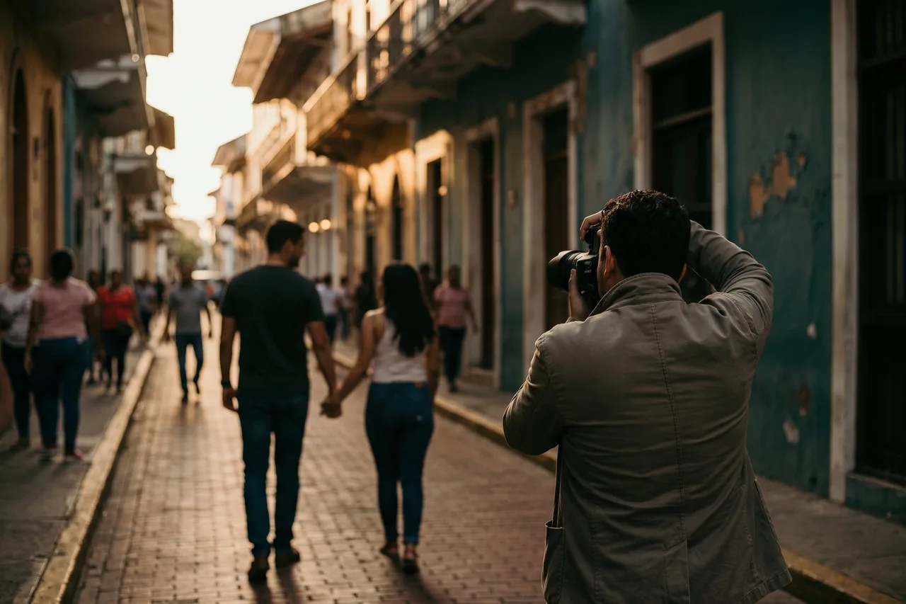 A photographer photographing a couple on a colonial street at golden hour