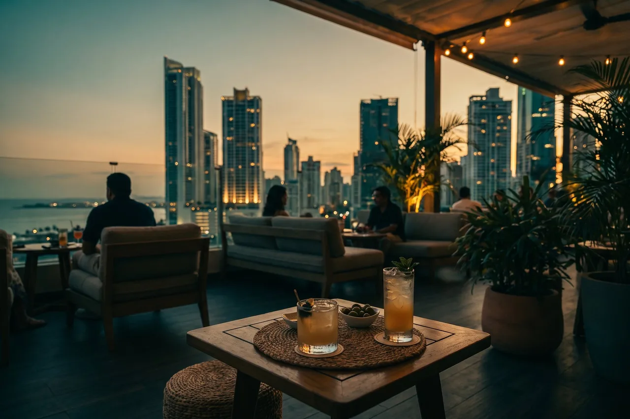 Cocktails on a rooftop table overlooking the Panama City skyline at dusk