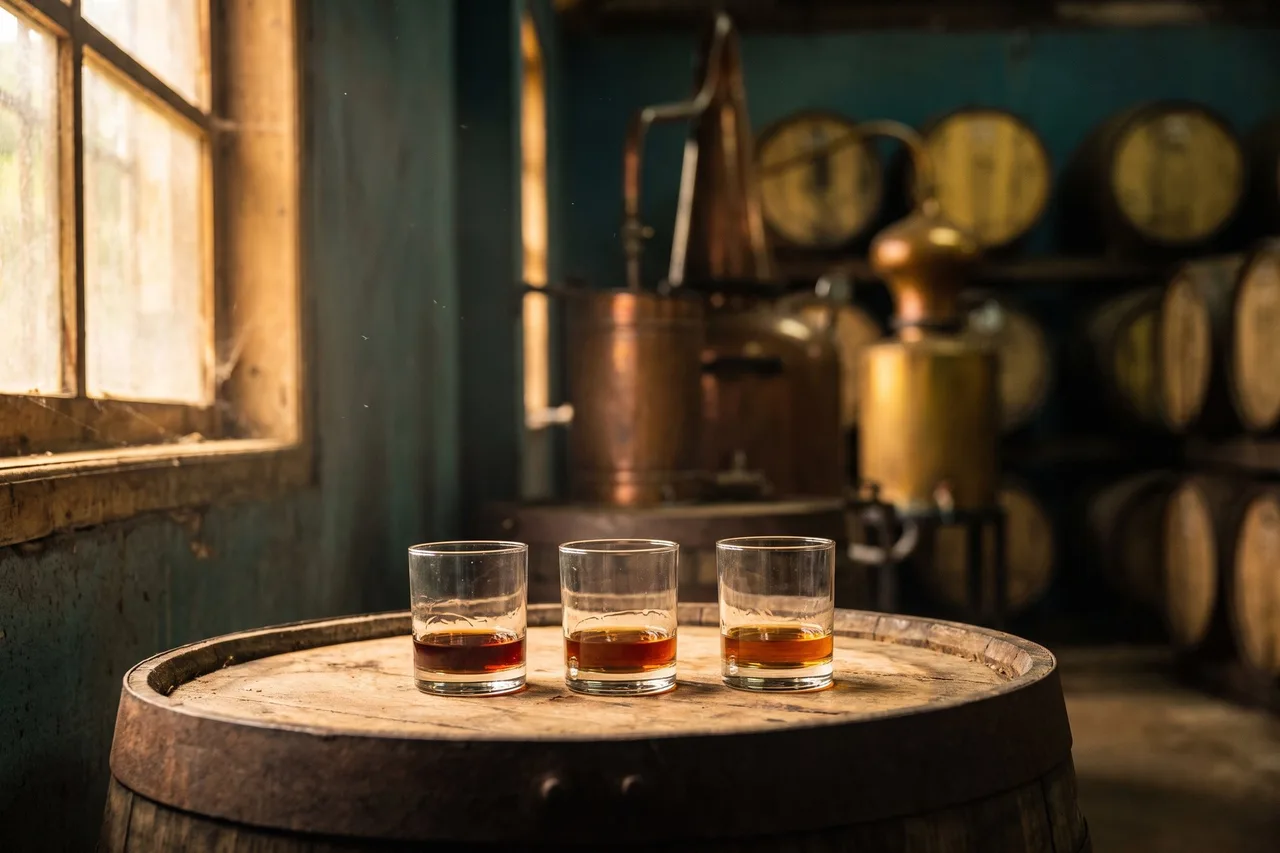 Three glasses of aged rum on a wooden barrel in front of copper stills