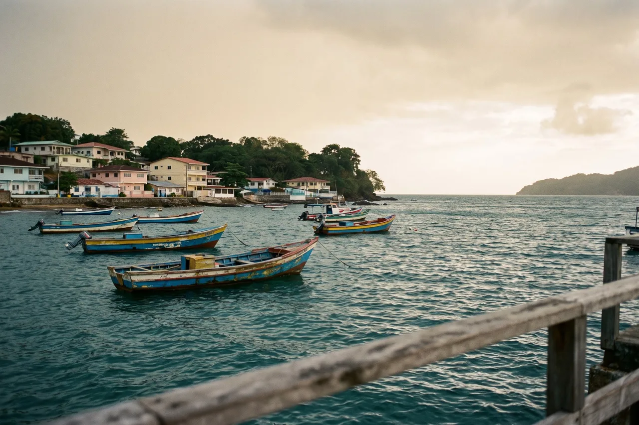 Colorful fishing boats anchored in Taboga island's bay below the village