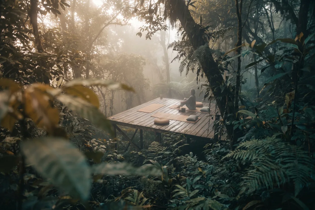 A guest meditating on a wooden platform in a misty rainforest clearing