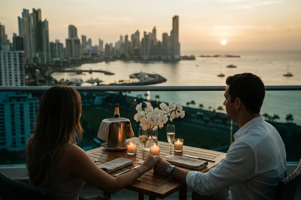 A couple at a candlelit rooftop dinner overlooking Panama City bay at sunset
